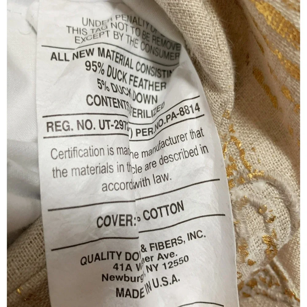 2 Gold Metallic Stump Embroidery Linen Feather Down Show Pillows Diem M. Abram